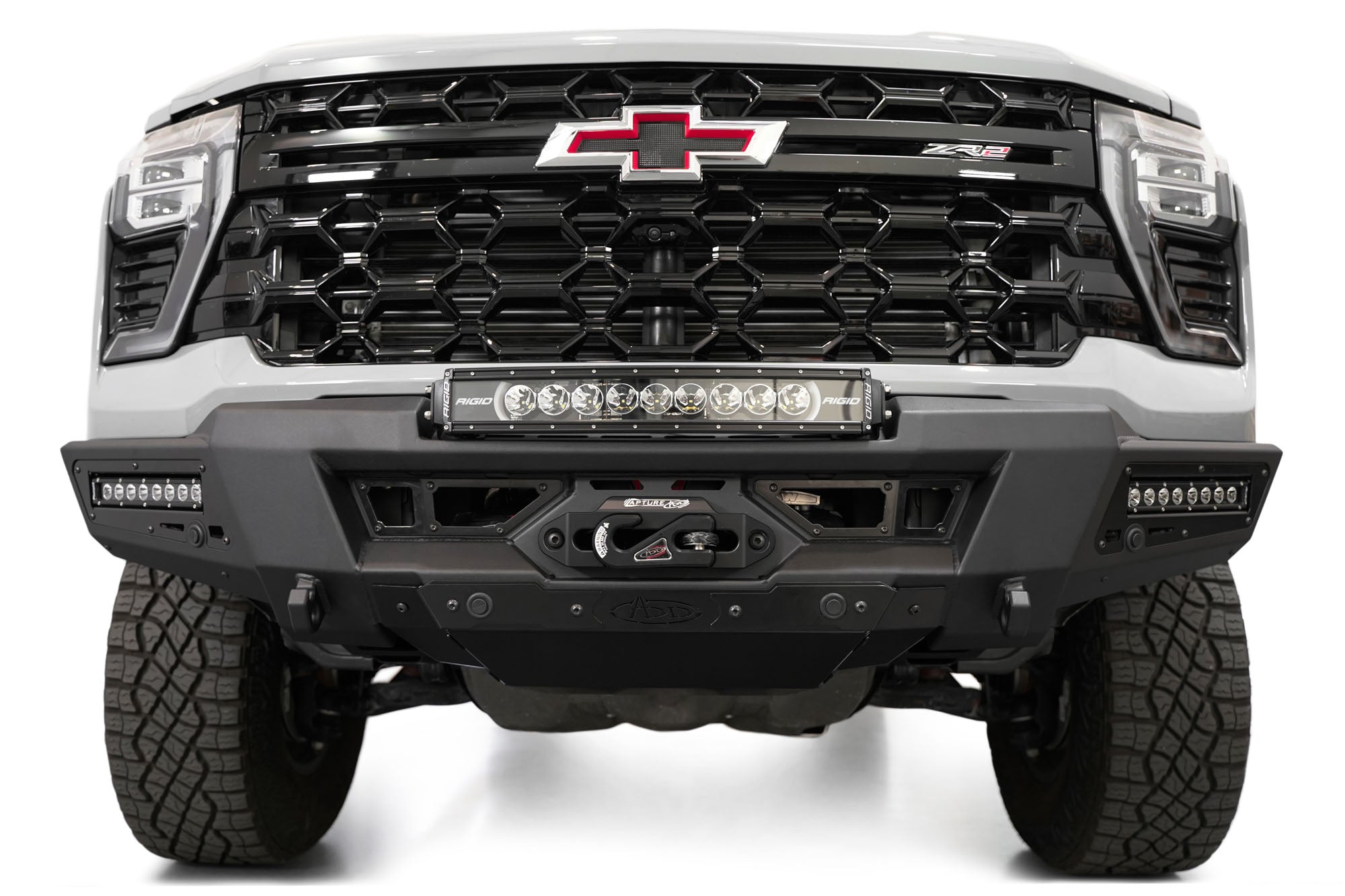 20 inch light bar and winch on the Phantom Winch Front Bumper for the 2024 Chevy Silverado 2500